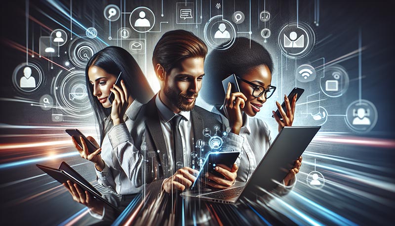 Illustration of employees using various devices for unified communications