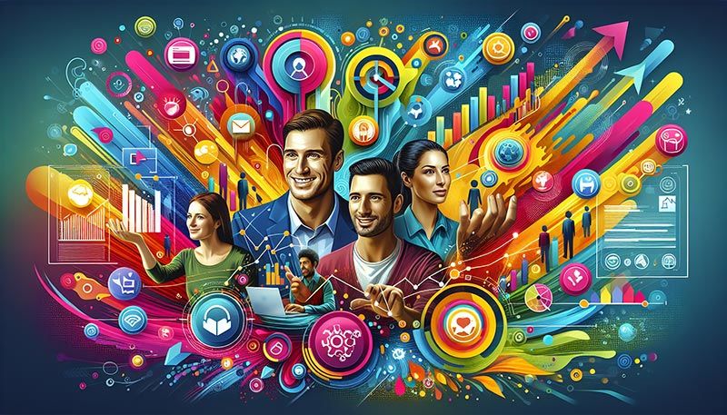 An illustration depicting various workforce management solutions and software.