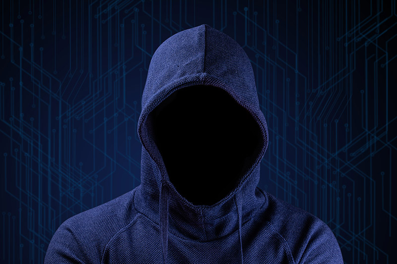 computer hacker blue sweatshirt hood on