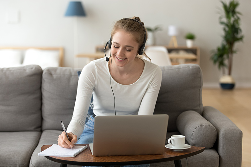 happy girl interpreter in headset